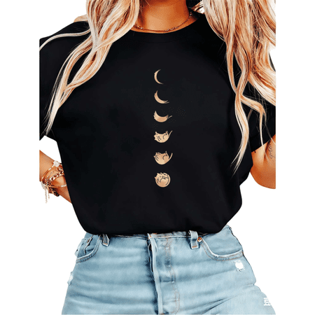Women Cat Moon Phase Lunar Graphic Tees T-Shirt Tops Round Neck Cotton T-Shirt Black S-5XL