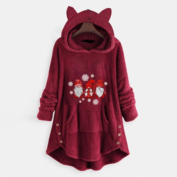 Pntutb Mujer Casual Navidad Impresión Botones De Felpa Manga Larga Con Capucha Abrigo De Felpa Top Pntutb Pntutb-4785