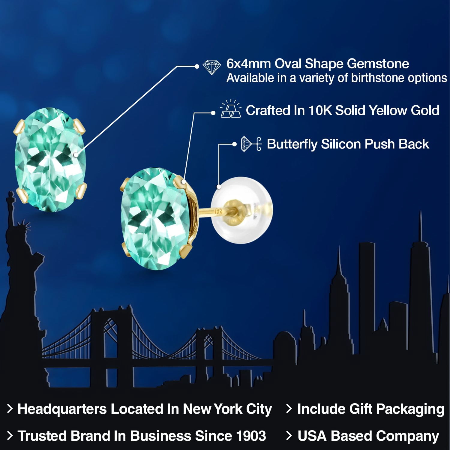 Gem Stone King 10K Yellow Gold Blue Apatite Stud Earrings for Women Men (1.05 Cttw, Gemstone Birthstone, Oval 6X4MM)