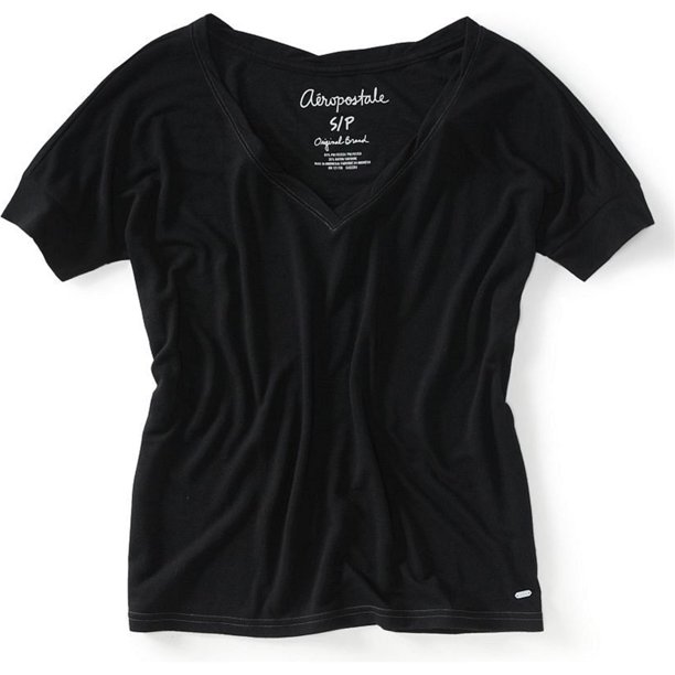 Aeropostale Camiseta estampada con cuello en V para mujer, negra, extragrande Aeropostale Camiseta gráfica
