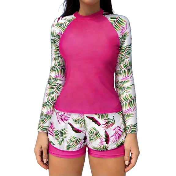 Womens Long Sleeve Rash Guard 2 Piece Surfing Swimsuits Sun Protection Modest Tankini Bathing Suits Lined Swim Shorts(Hot Pink M)