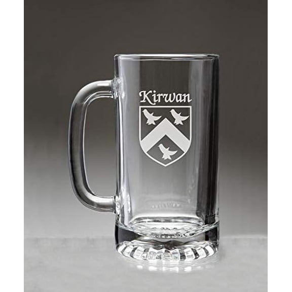 Kirwan Irish Coat of Arms Glass Beer Mug (Sand Etched)