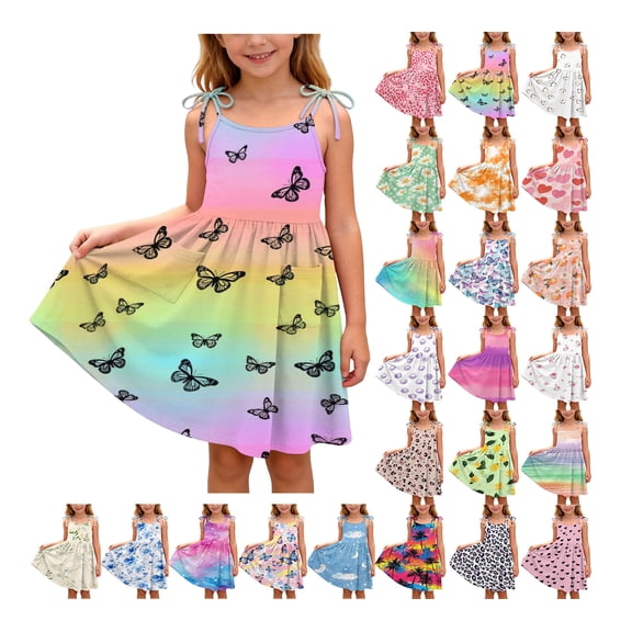 Vornjynx Kids Girls Cami Dresses Trendy Butterfly with Pockets Adjustable Strap Casual Summer Cute Dress Multicolor Size 4t