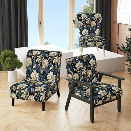 Designart "Royal Blue Peony Damask" Beige Floral Upholstered Accent Chair - Cottage Arm Chair For Bedroom