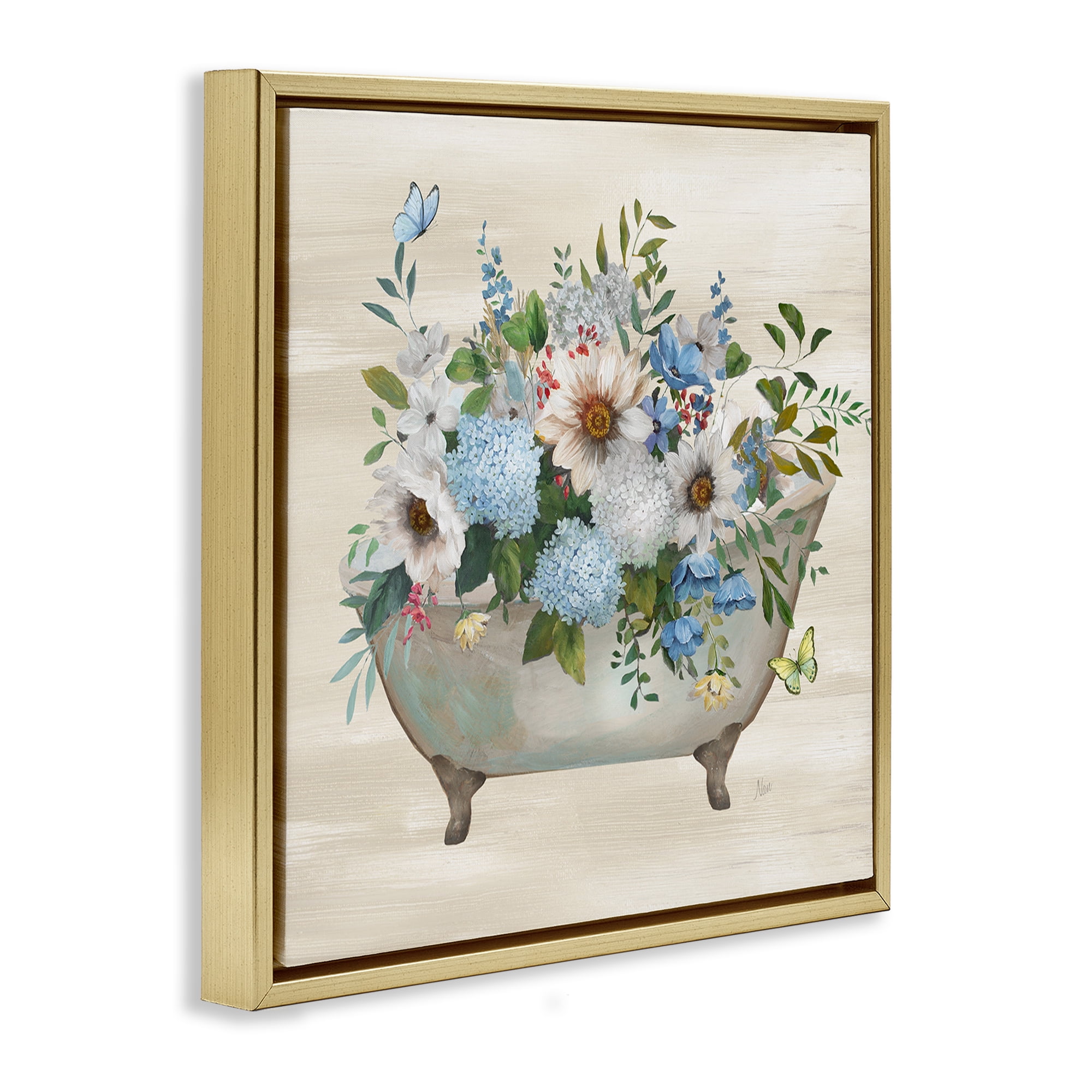 Stupell Industries Floral Bouquet Bathtub Typography Painting Gold Floater Framed Canvas Art Print Wall Art, 25 x 25