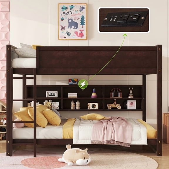 Mirightone Queen Over Queen Bunk Bed with Charging Station (Dual Outlets & USB ports), Heavy Duty Wooden Bunk Bed with Storage Bookshelf for Adults, Teens (Brown, Reversible Ladder)
