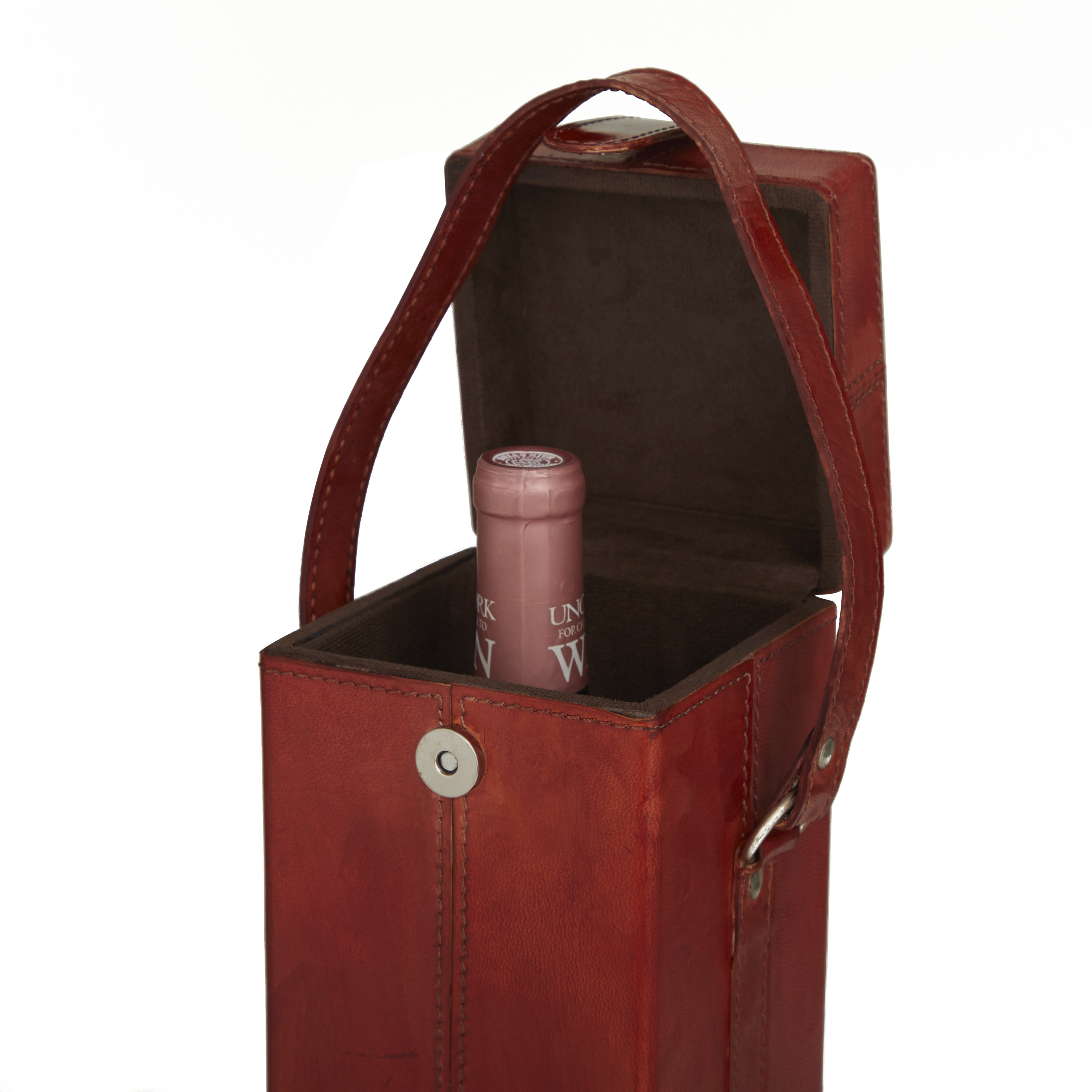 DecMode 5" x 15" Red Leather Single Bottle Wine Holder with Carrying Handle, 1-Piece