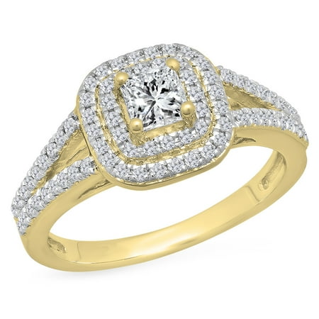 1.00 Carat (Ctw) 18K Yellow Gold Princess & Round Cut White Diamond Ladies Split Shank Halo Bridal Engagement Ring 1 CT