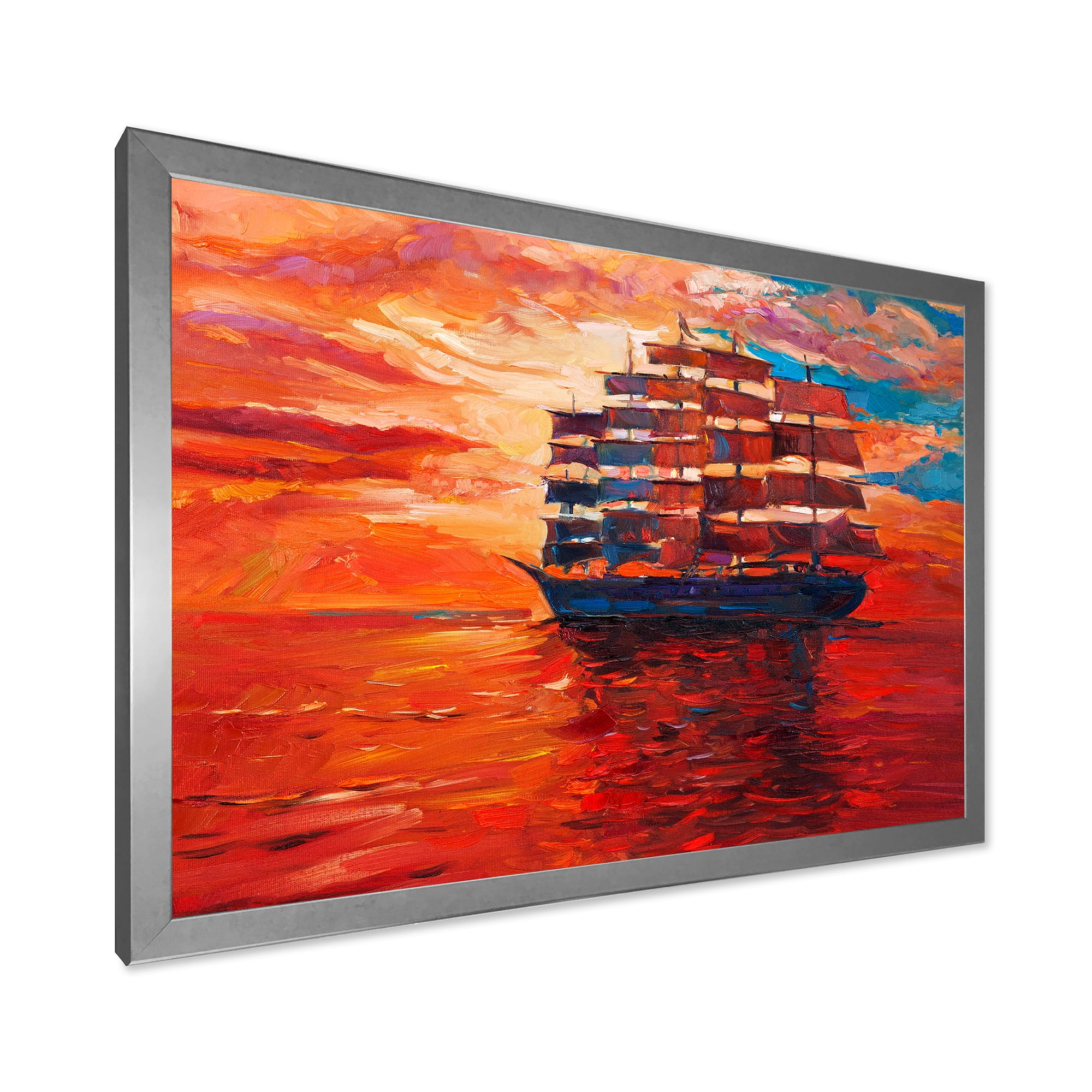 Frigate During Red Evening Glow On The Ocean Horizon 40 in x 30 in Framed Painting Canvas Art Print, by Designart