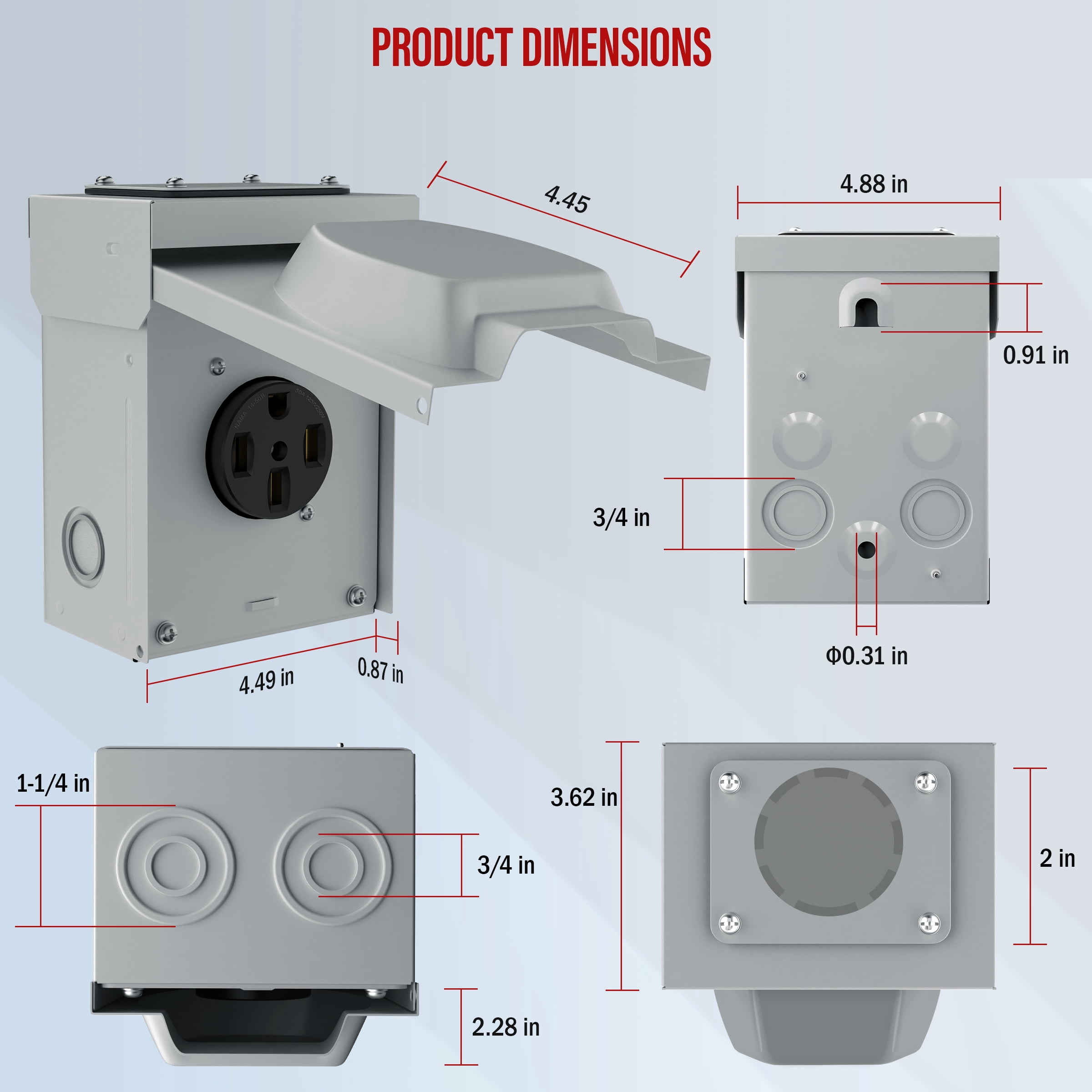 ENERLITES 50 Amp 125/250V RV Power Outlet Box, Enclosed Lockable Weatherproof, NEMA 14-50R Outdoor Electrical Receptacle Panel for RV, EV, Camper, Generator, 3 Pole, 4 Wire, Grounding, 66500M
