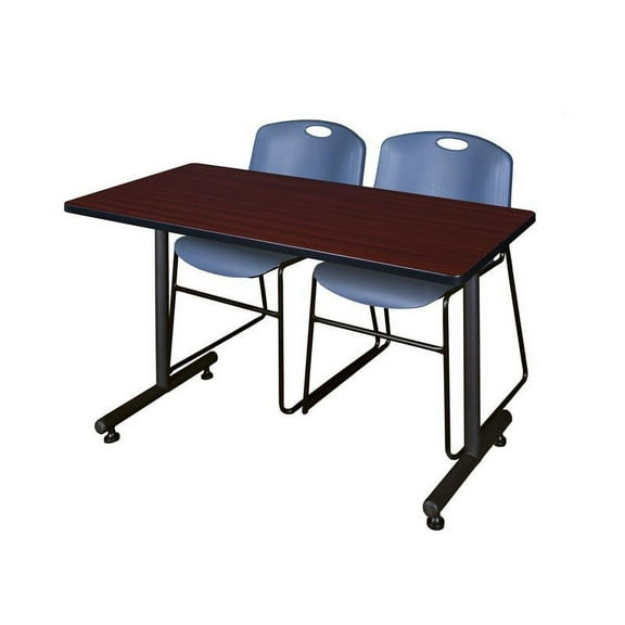 Regency 48" x 30" Kobe Training Table- Mahogany and 2 Zeng Stack Chairs- Blue