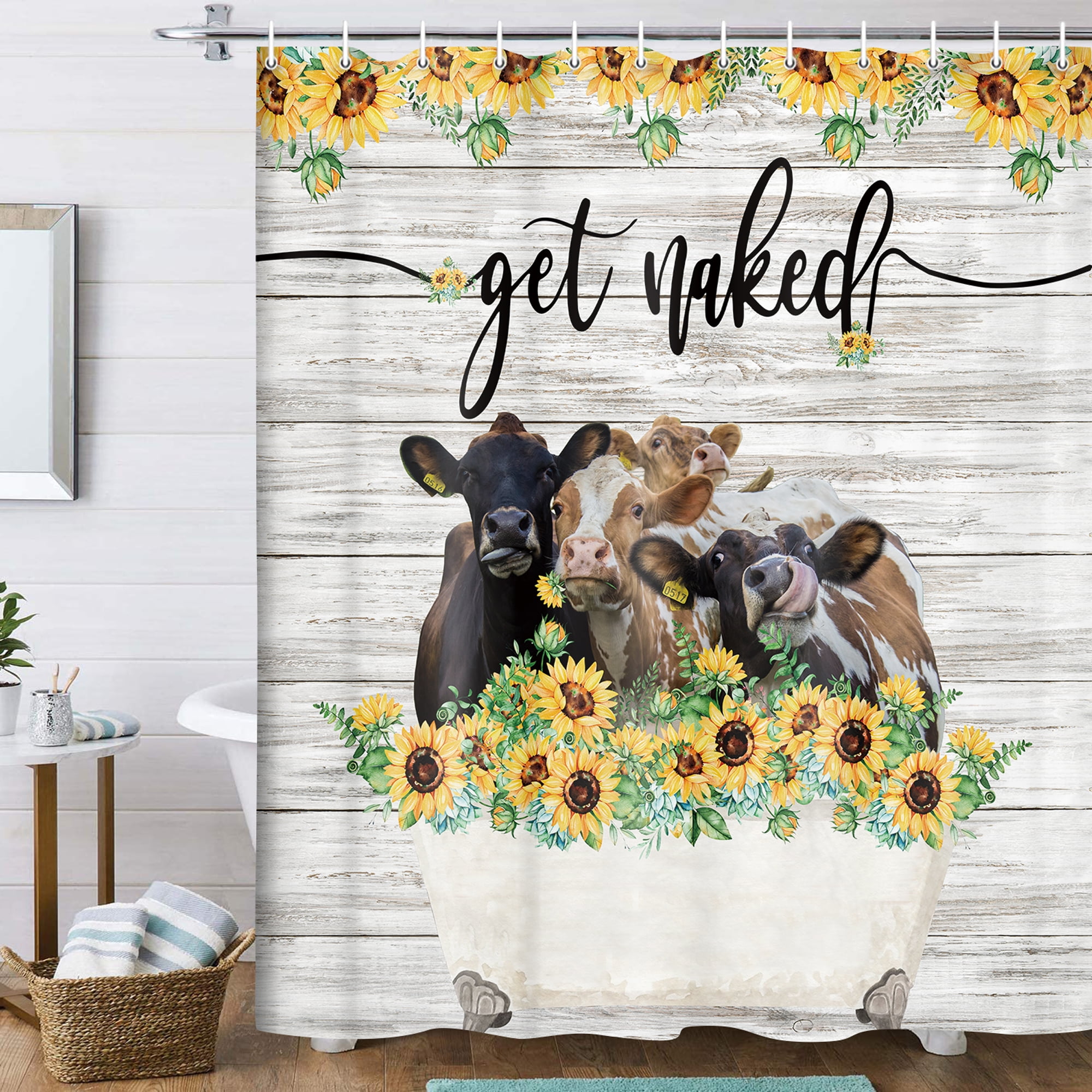 Details about   Funny Cow Heifers Sunflowers Wood Plank Fabric Shower Curtain Set Bathroom Decor 