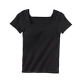 thumbnail image 4 of Aobny Women's Pajamas Tops Only Ribbed Build-in-Bra Sleep Tops Short Sleeve Square Neck Sleep Shirts for Women,Black,L, 4 of 5