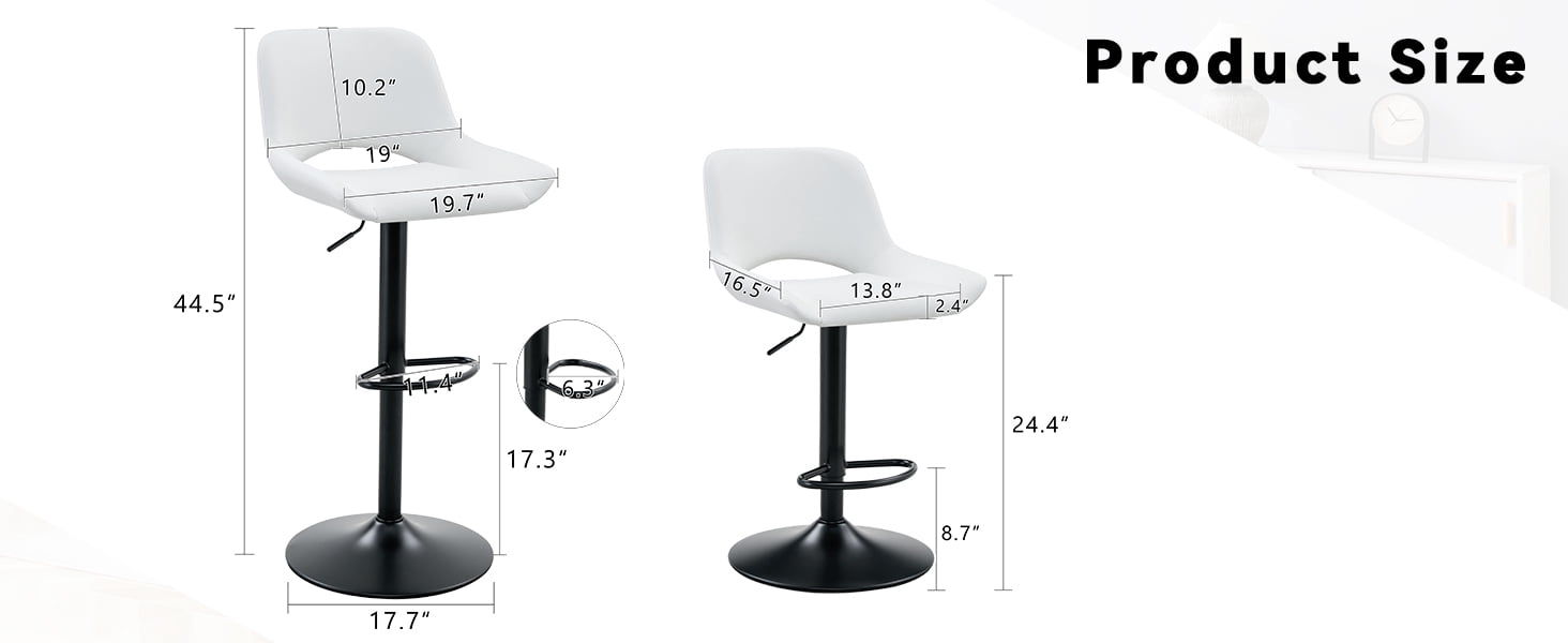 Mintazer Modern Bar Stools Set of 2, 360° Swivel PU Leather Bar Chairs with Circular Footrest & Adjustable Height, Counter Height Stools for Kitchen Island & Home Bar, White