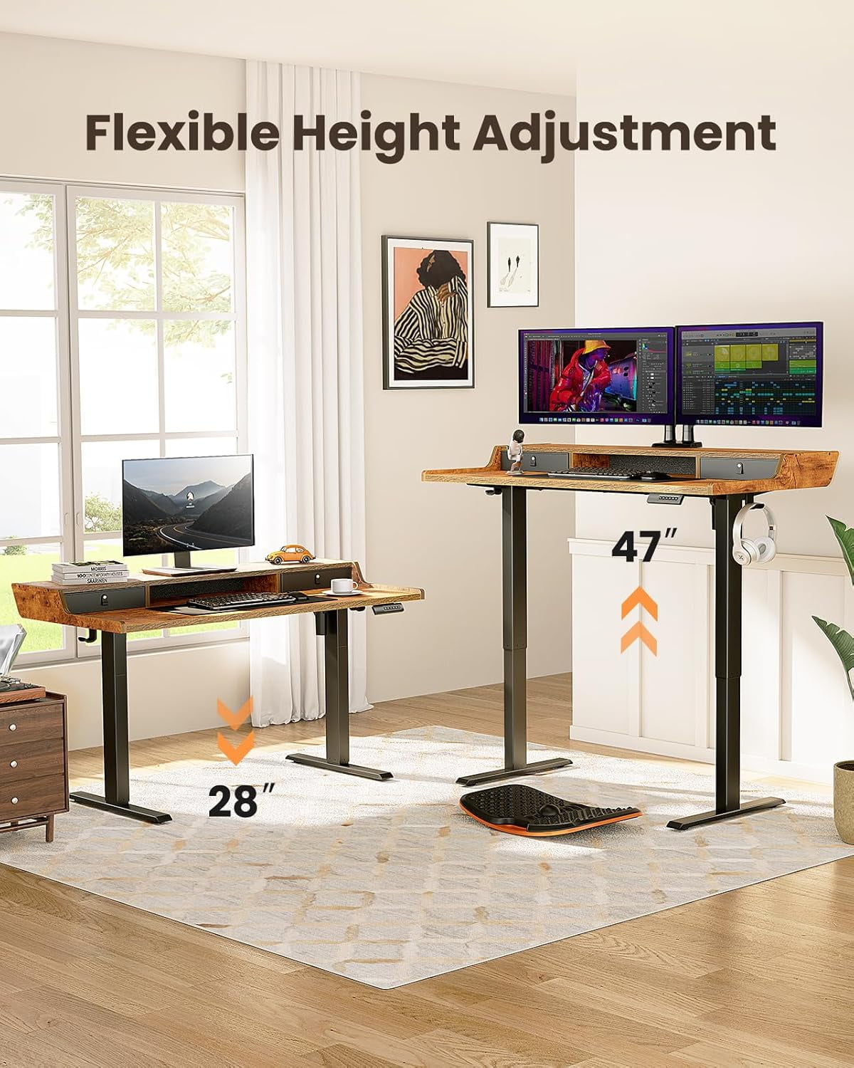 CHITOOMA 55" x 28″ Electric Standing Desk with Drawers, Height Adjustable Gaming Desk with Monitor Stand & Storage Shelf, 4 Preset Heights for Home Office, Brown