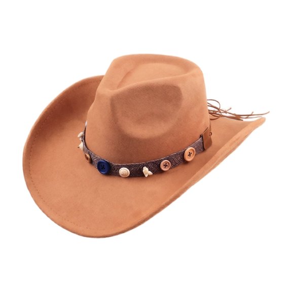 Qwertyu Cowboy Hat for Men Women Western Cowgirl Hat with Boho Belt Unisex Wide Brim Fedora Hat Khaki