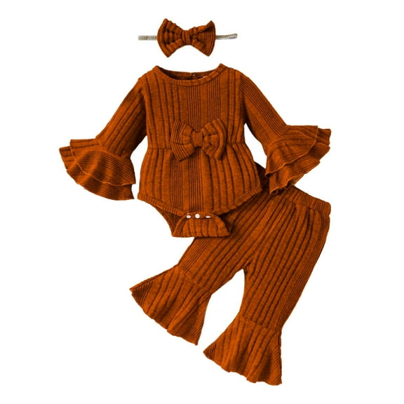 Kucnuzki Newborn Baby Girls Outfits 0-3 Months Winter Clothes Ruffle Long Sleeves Bowknot Romper Solid Color Top Knitted Flared Pants with Headband 3pcs Warm Clothing Sets Brown