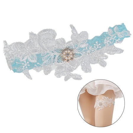 - 2PCS Bridal Wedding Garter Elastic Rhinestone Artificial Pearl Lace Garter for Prom Party, White
