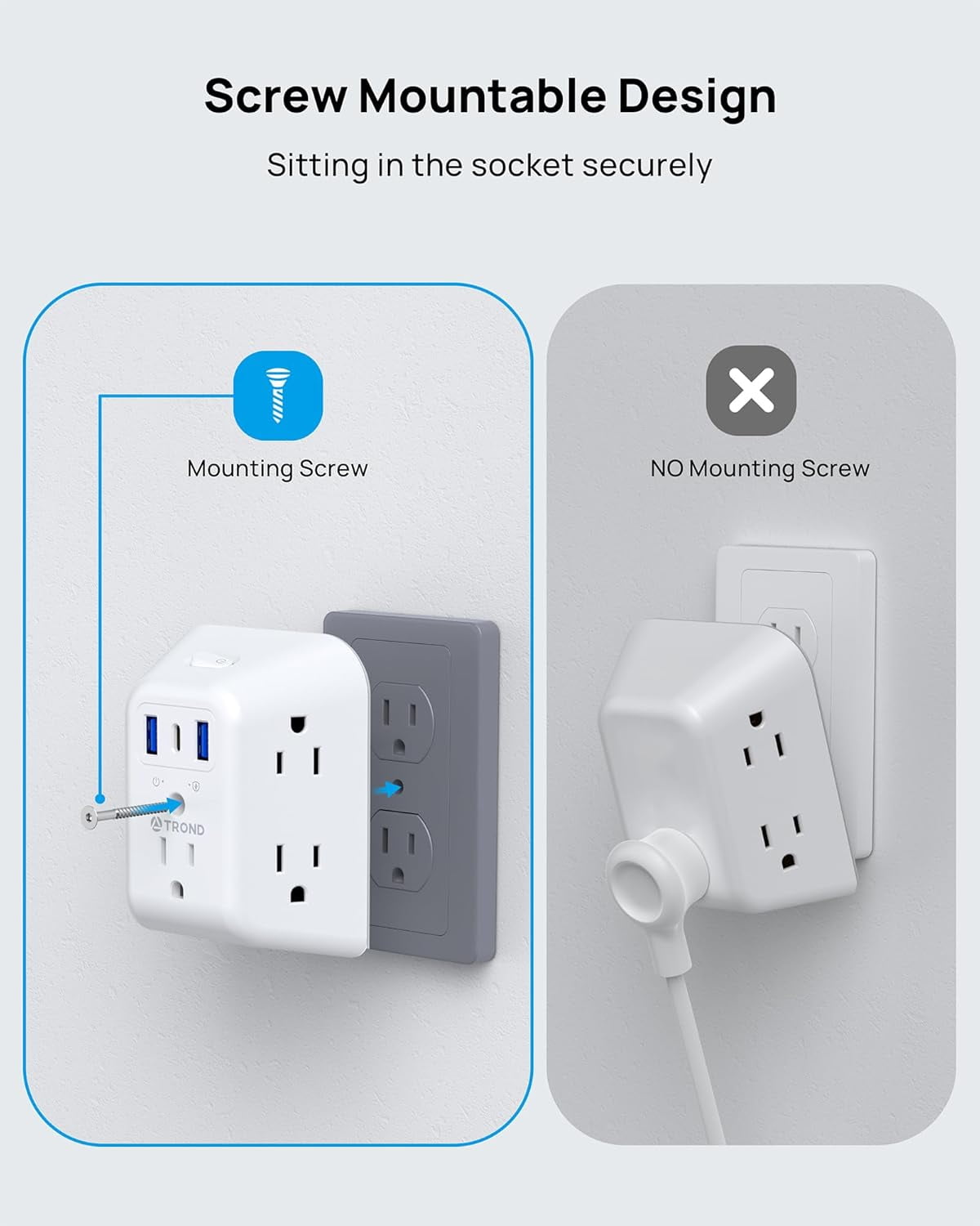 Surge Protector Outlet Extender - 5 Outlet Splitter with 3 USB Ports (1 USB C), Multi Plug Expander with ON/Off Switch, 3 Sided Multiple Wall Plug Power Strip for Home Travel Office