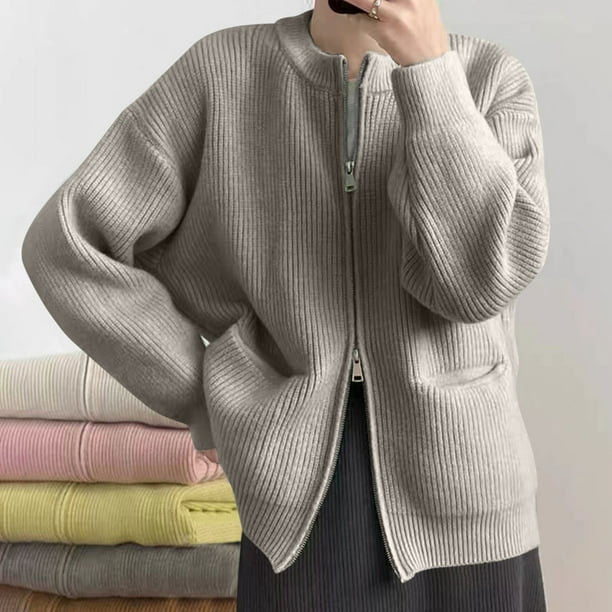 Suéter de invierno para mujer, informal, holgado, a la moda, con bolsillos de color y doble cremallera en la parte superior, cárdigan, abrigo para mujer