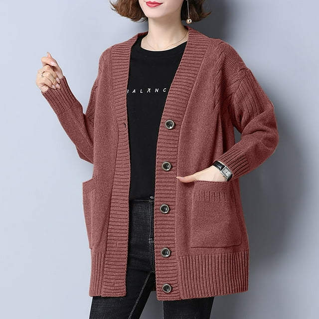Suéter de cuello en V para mujer, cárdigan de punto holgado de otoño e invierno, suéter holgado de largo medio para mujer, suéter de cuello en V, blusa para mujer