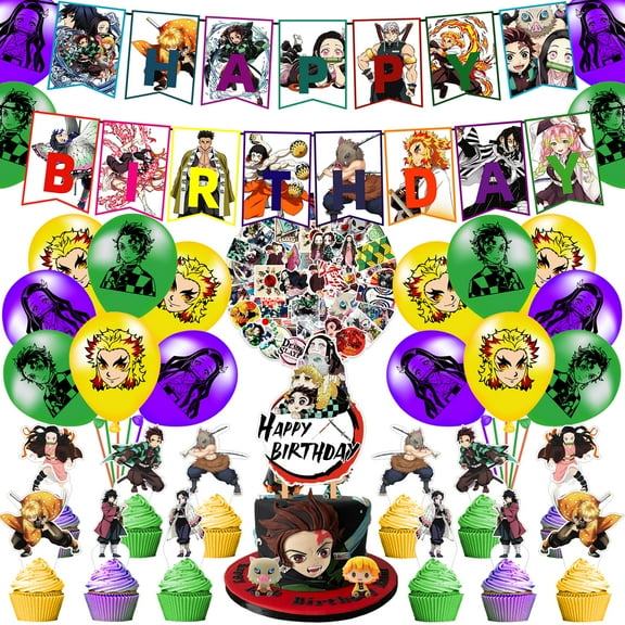 Demon Slayer cartoon birthday party supplies, party decorations include happy birthday banners, balloons, backdrops, cupcake toppers