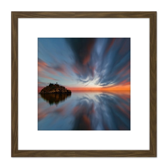 Blue Orange Island Sunset Landscape Photo 8X8 Inch Square Wooden Framed Wall Art Print Picture with Mount