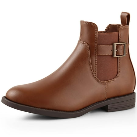 

HARVEST LAND Women Chelsea Boots Brown Buckle Ankle Boots Fashion Soft Flat Booties for Female Size 9