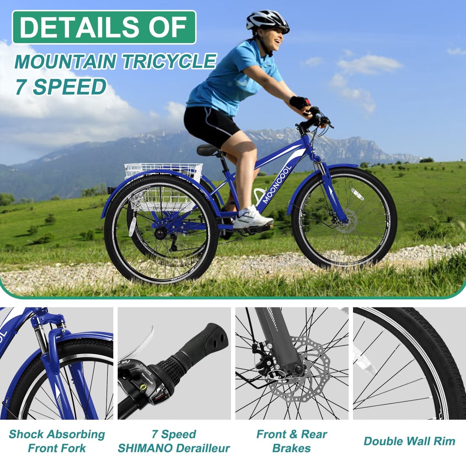 MOPHOTO 26" Mountain Tricycle, 7 Speed Adult Trikes Shopping Bicycle with Rear Basket, Adult Tricycle for Men Exercise, Durable and Safe