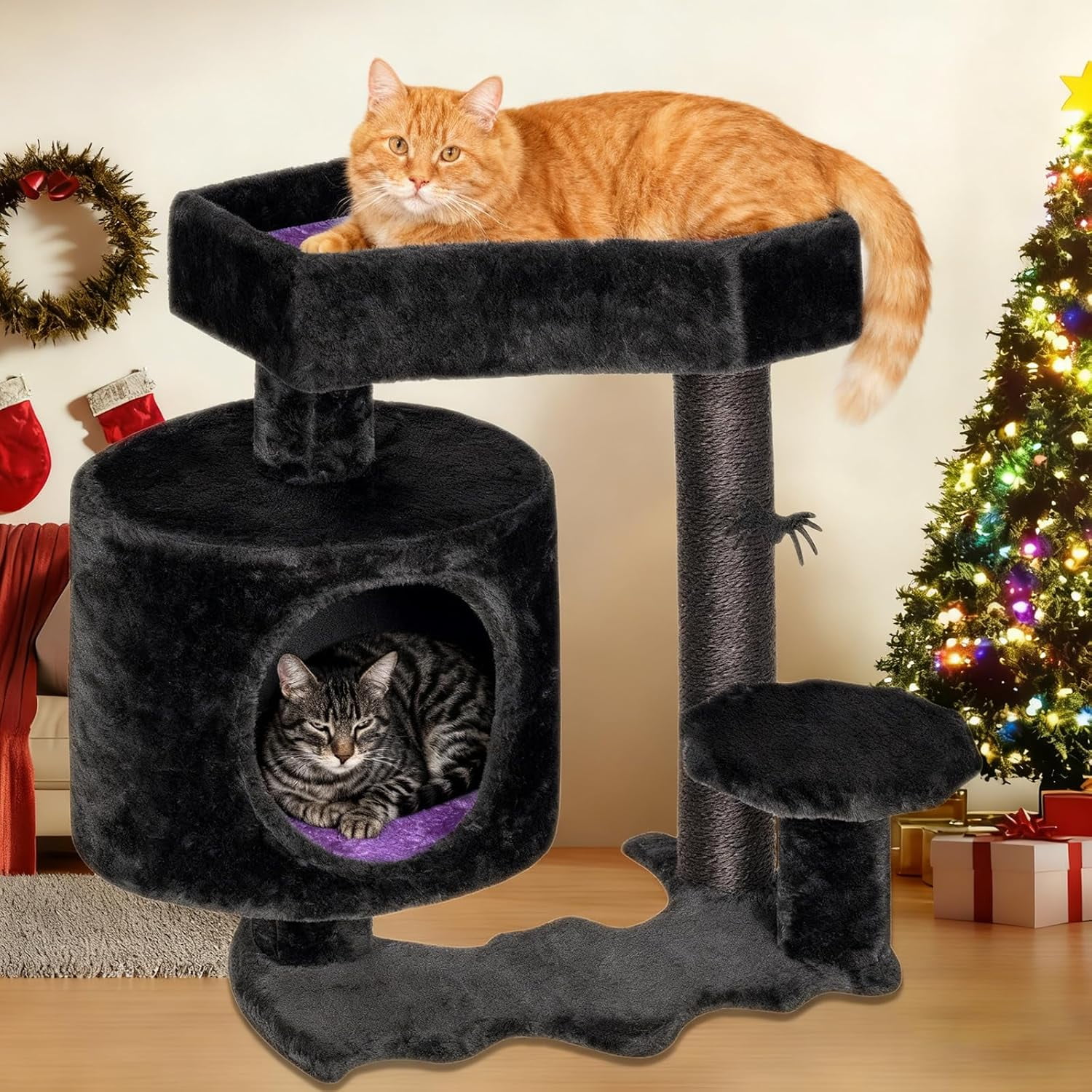 Gothic  Tree with Coffin Bed and Scratching Posts, Black and Violet Small Tower for Kittens