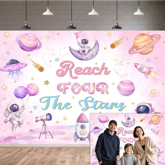 Pink Space Astronaut Photography Backdrop, Reach for The Stars Space Theme Cosmic Rocket Planet UFO Stars Background for Kids Birthday Party Decorations Banner, 5x3ft