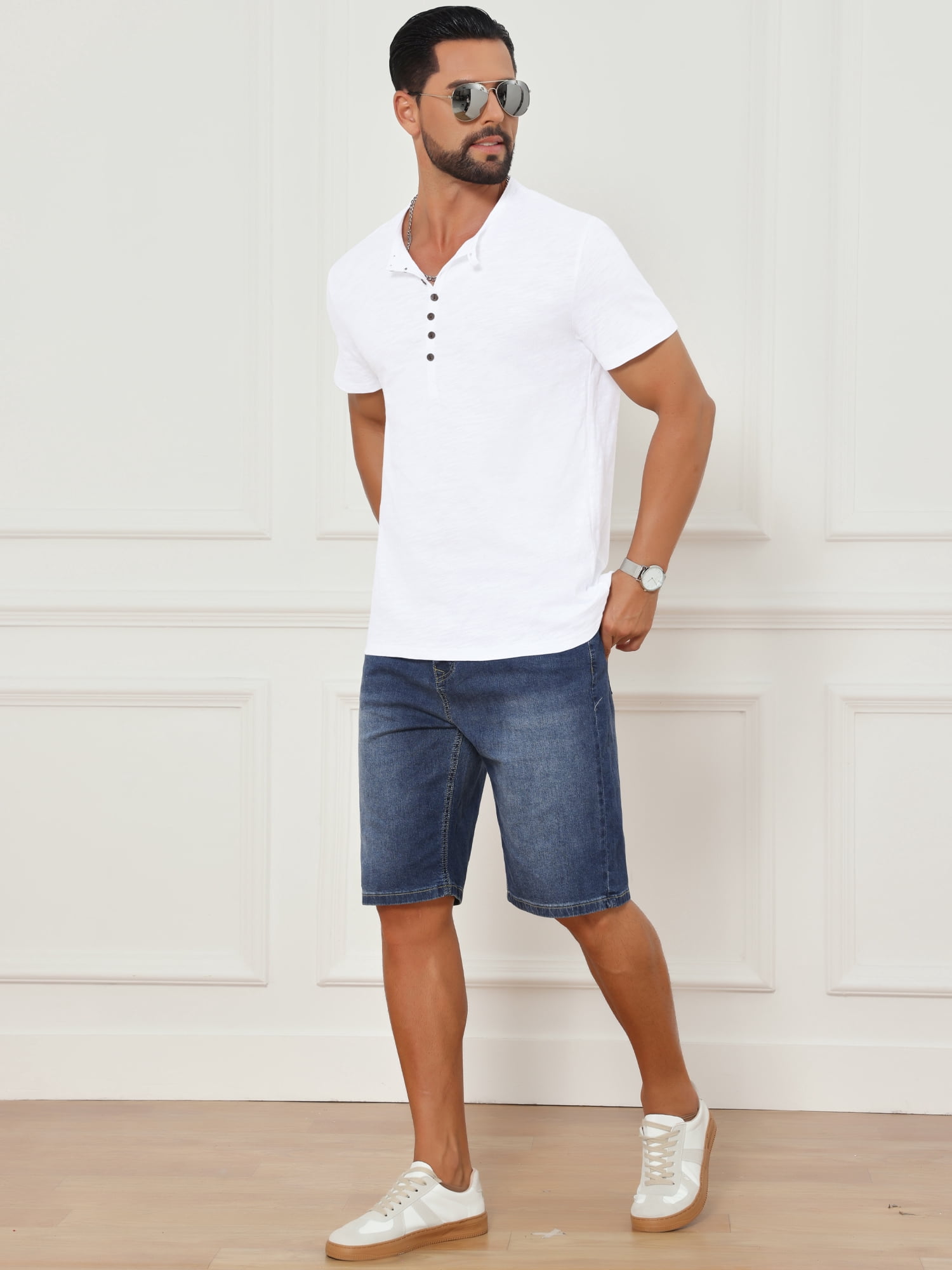 DARING DIVA Men's Retro Henley Texture Button Down Short Sleeve T-Shirt S White
