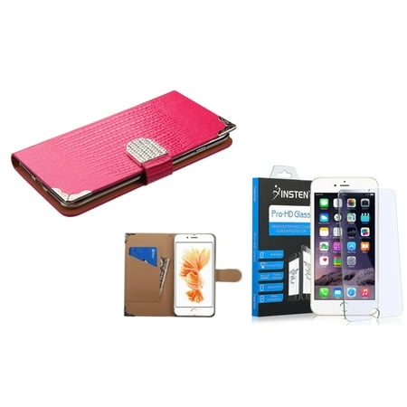 Pink Leather Skin - Insten for iPhone 7 Plus - Glass Protector + Hot Pink Crocodile Skin Wallet Leather Case (with Metal Diamonds Buckle)