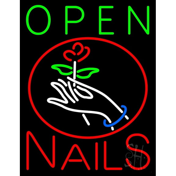 Nails Open Logo LED Neon Sign 15 x 19 - inches, Black Square Cut Acrylic Backing, with Dimmer - Bright and Premium built indoor LED Neon Sign for Defence Force.
