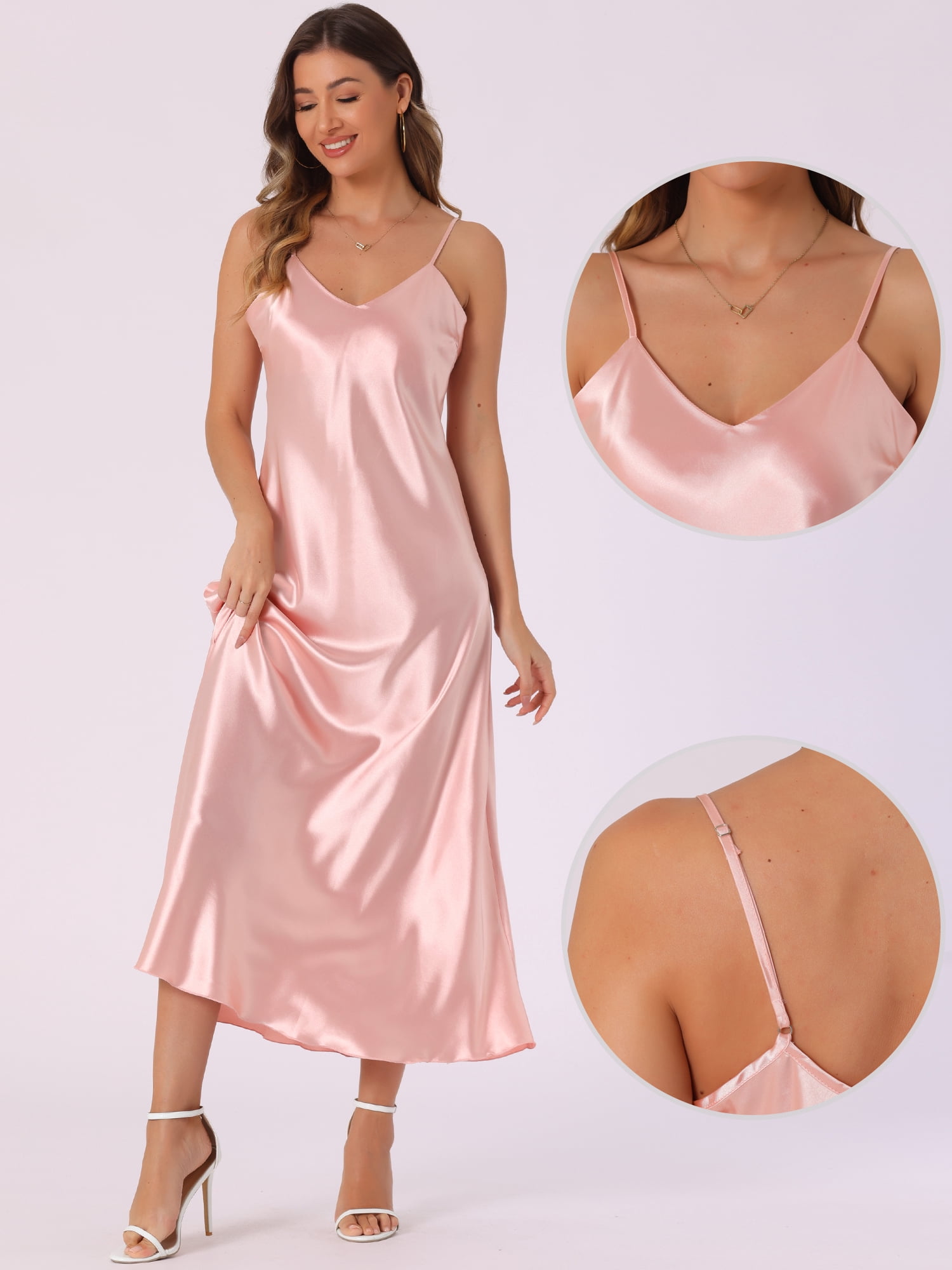 DARING DIVA Satin V Neck Spaghetti Strap Silky Maxi Dress 2XL Pink
