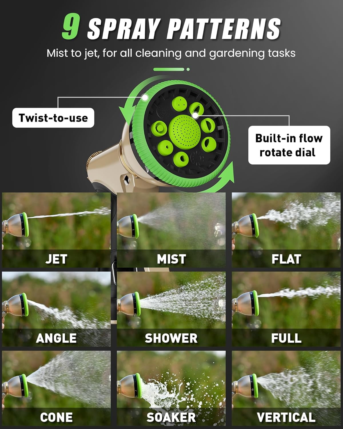 Garden Hose Nozzle, Heavy Duty Metal Water Hose Sprayer Nozzle with 9 Adjustable Spray Patterns, High Pressure Hand Sprayer for Watering Plants, Lawns, Car and Pet Washing (1, Green)