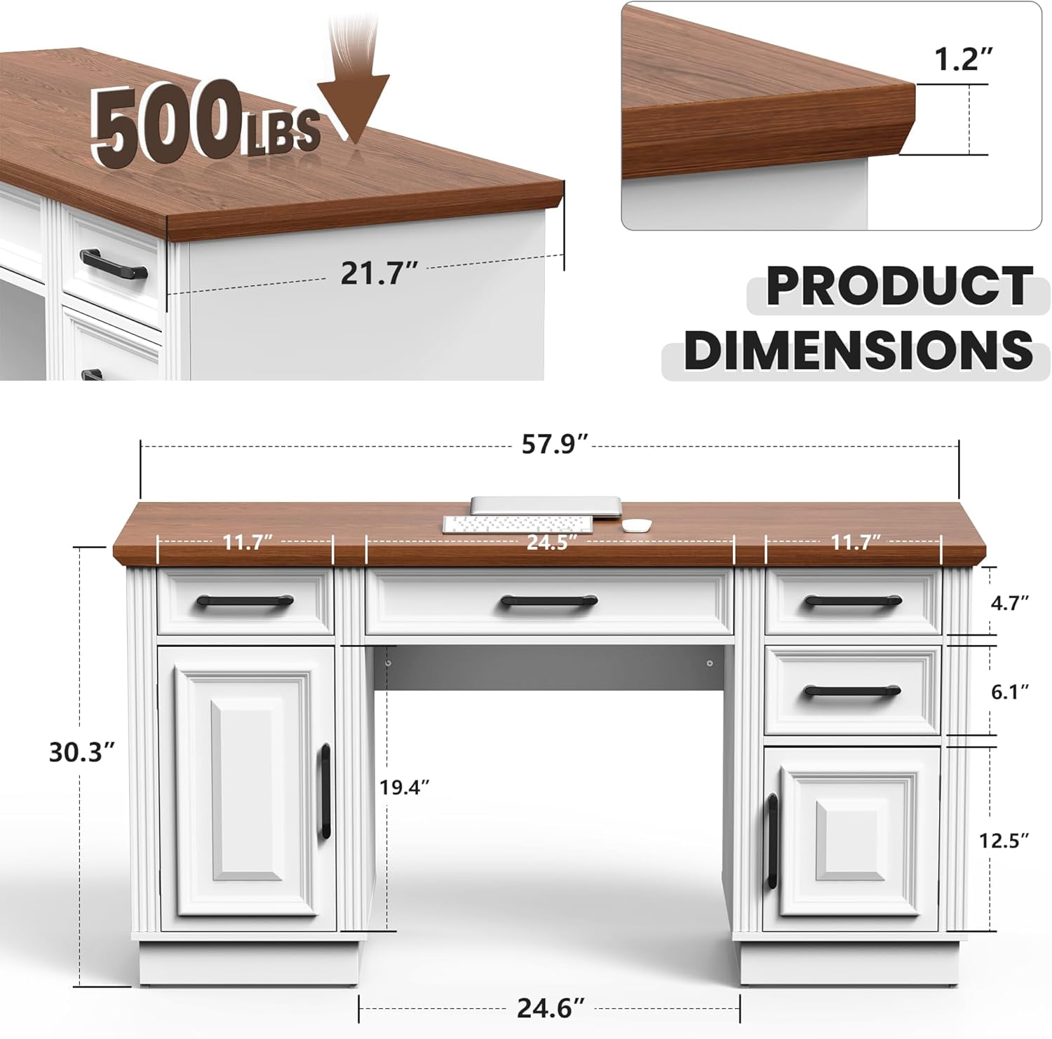 PatioPerk 58" Farmhouse Executive Desk, Wood Home Office Desk with Drawers, Computer Desk with Drawers and Storage Cabinet, Workstation for Office Home, Ivory White
