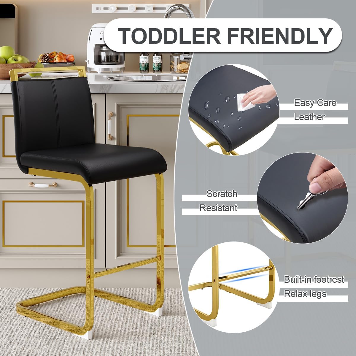 Lecut Modern Counter Height Bar Stools Set of 2, Leather Upholstered Bar Stools with Back and Gold Metal Frame,Bar Stools for Kitchen Island,Pub,Bar,Black