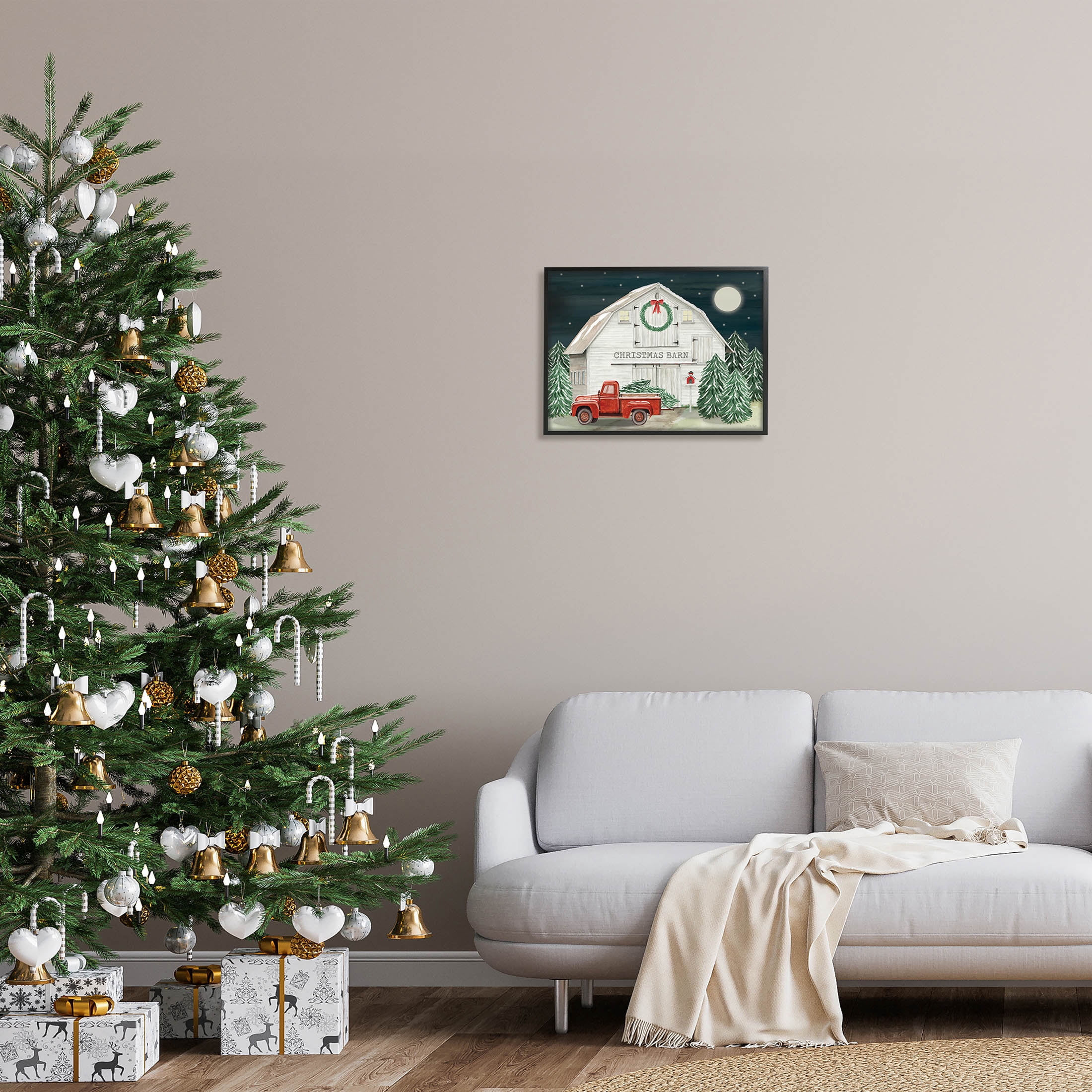 Nighttime Christmas Barn Farm Holiday Graphic Art Black Framed Art Print Wall Art