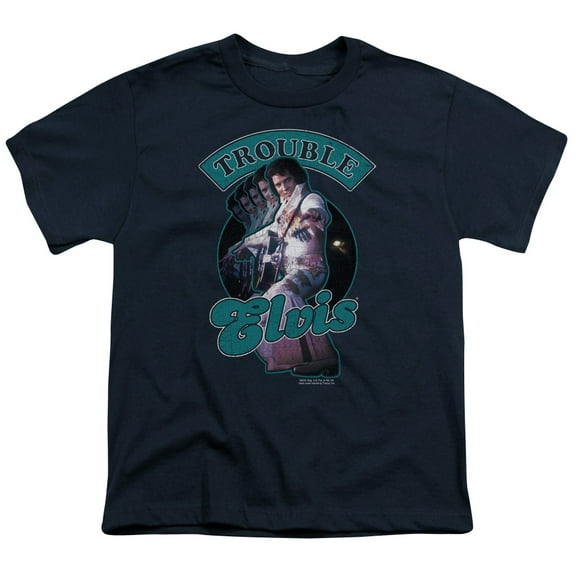 Trevco ELV716-YT-4 Elvis Presley & Total Trouble Youth 18-1 Short Sleeve T-Shirt, Navy - Extra Large