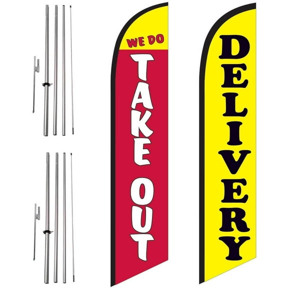 We Do Take-Out and Delivery 2 Pack of Restaurant Advertising Feather Banner Swooper Flag Sign with Flag Pole Kit and Ground Stake, Curb Side Signs