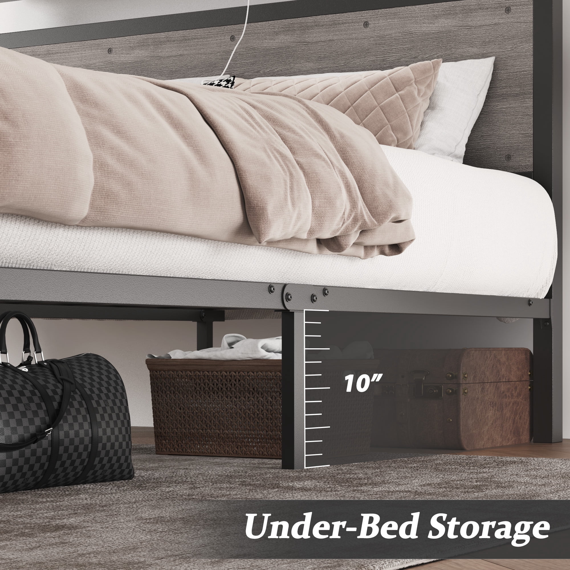 Queen Bed Frame with LED Headboard & Charging Station, Noise-Free, No Box Spring Needed, Rustic Grey