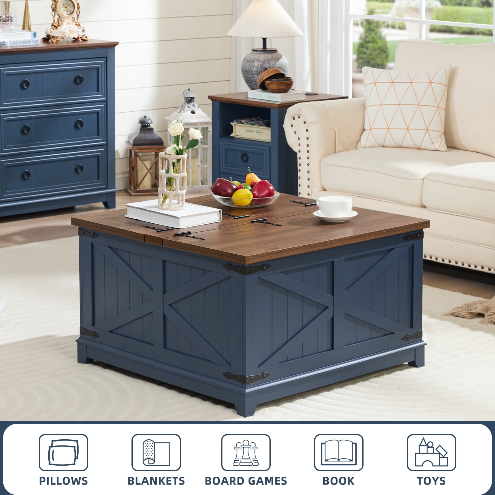 Joaxswe Coffee Table Set of 3, Flip Top Coffee Table with Large Hidden Storage, 2 Farmhouse Nightstands with Charging Station for Living Room, Navy