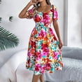 thumbnail image 3 of Hvot&aat Women's Summer Boho Floral Dress Stretch Puff Sleeve Square Neck Empire Waist Dresses A-Line Flowy Vacation Dress, 3 of 5