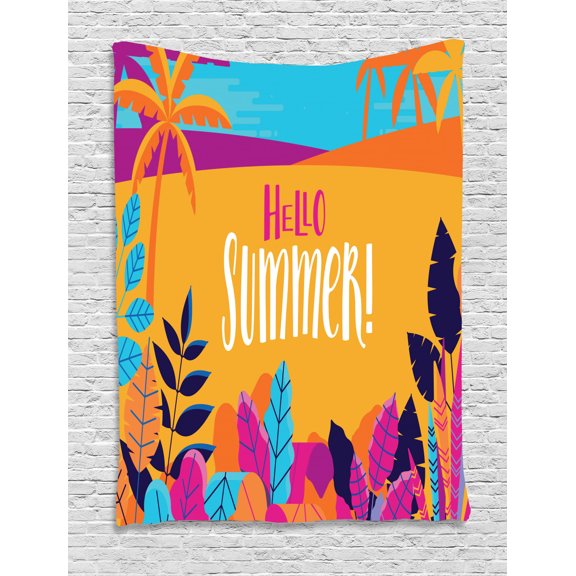 Hello Summer Tapestry, Tropic Summer Beach Lettering Text Welcoming, Wall Hanging for Bedroom Living Room Dorm Decor, 40W X 60L Inches, Marigold Dark Magenta Navy Blue and Sky Blue, by Ambesonne