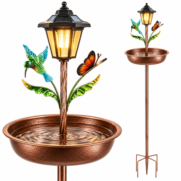 MOJINO 42 Inch Bird Bath for Outdoors with Solar Light, Metal Birdbath and Feeder, 3-Prong Ground Stake, 11" Bowl for Garden Yard