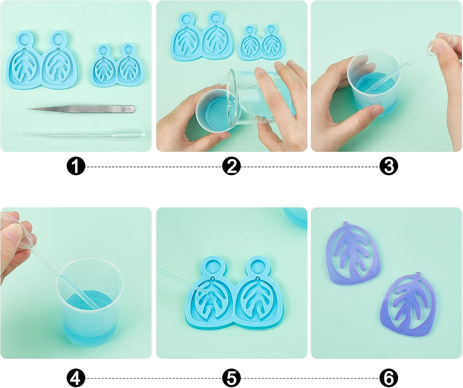 6Pcs 3 Sizes DIY Leaf Dangle Stud Earrings Silicone Molds Deep Sky Blue Resin Casting Molds DIY