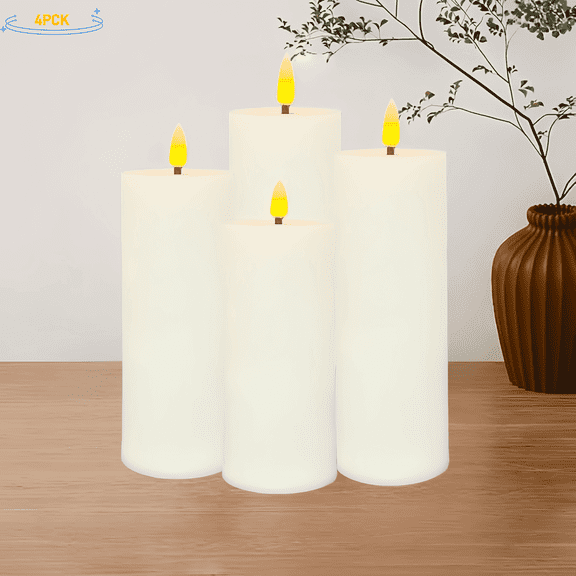 Goyuon 4pcs White Flameless Pillar Candles, Battery Operated Candles with Remote Control, Flat Top Flickering Flameless Candles, LED Candles for Home, Wedding, Party Decorations