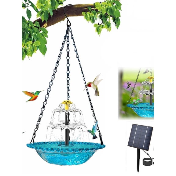 Hanging Solar Bird Bath Fountain – Solar Powered Cascading Outdoor Water Fountain with Glass Bowl, Hummingbird Bath for Garden Yard Decor(Blue)
