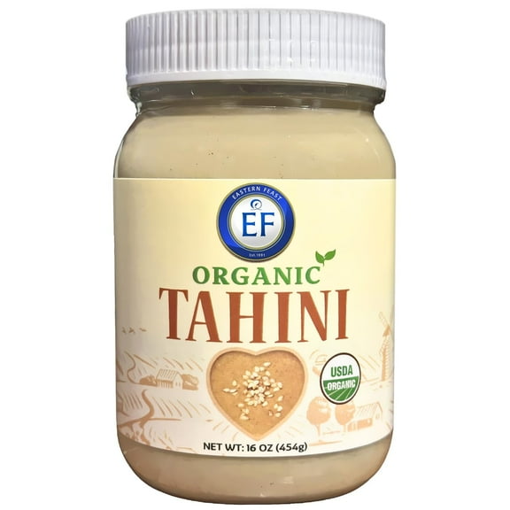 Eastern Feast - Organic Tahini, 100% Ground Sesame Paste, 16 oz (454g) Glass Jar.